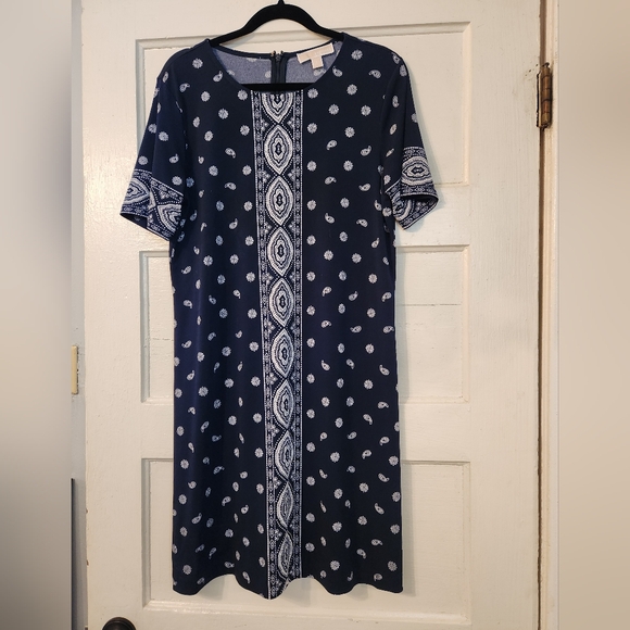 Michael Kors Navy Blue Patterned Paisley Mini Shift Dress. Sz Large EUC Stretch - Picture 1 of 7